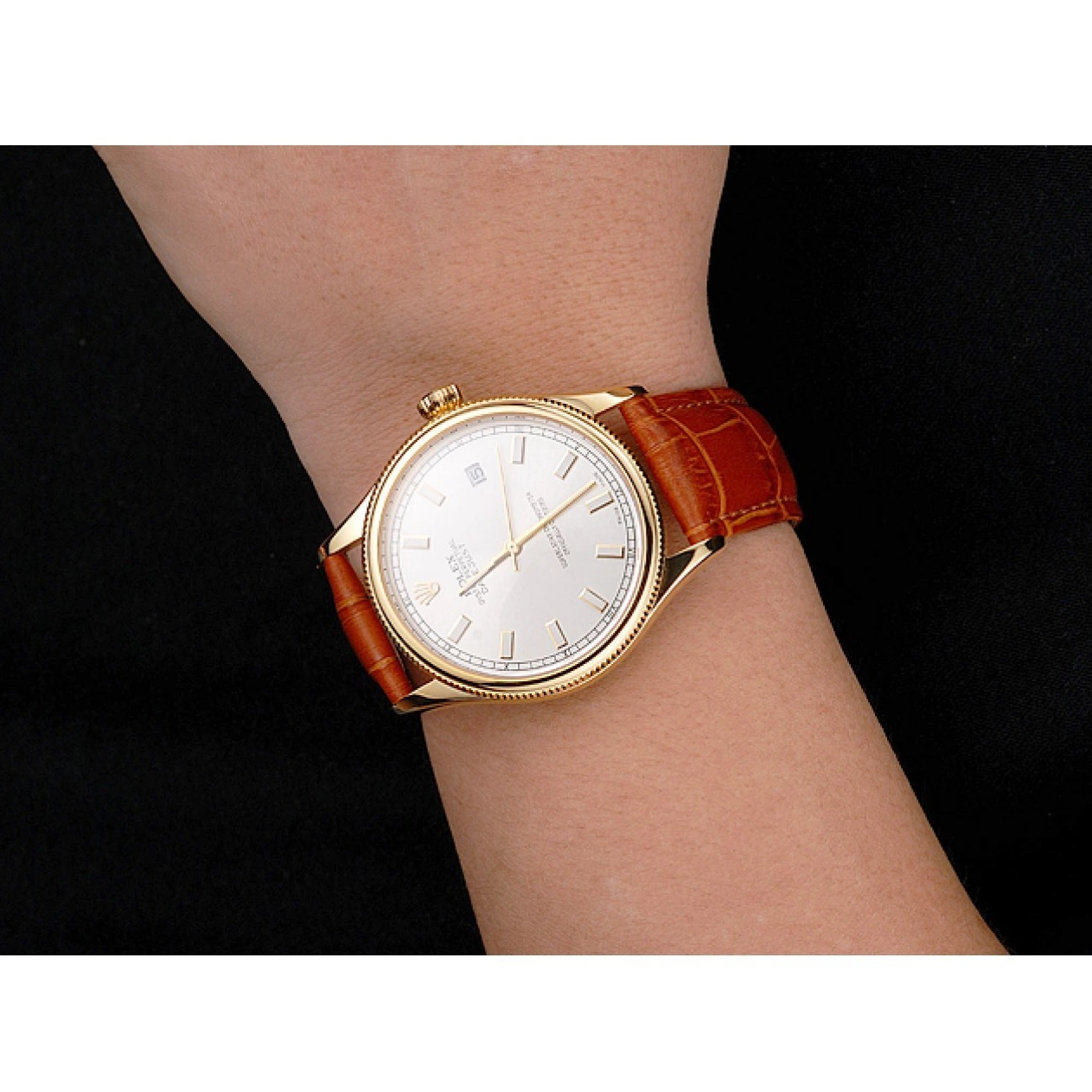 Aaa replica watch Brown Strap Rolex Leather Swiss Gold Datejust Dial Light White Case 0824